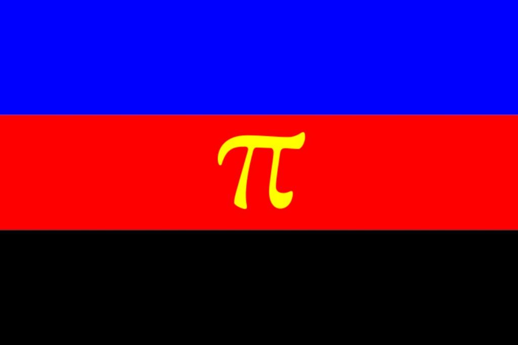 Polyamori flagga blå röd svart med pi-symbol